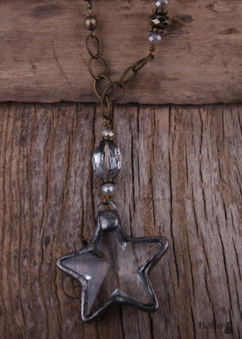 Boho Necklace, RH Antique Brass Silver Stone Glass